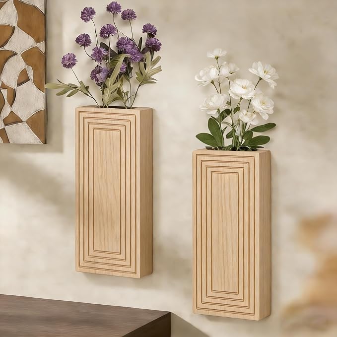 Wooden Wall Planter Vase,2 Pack Natural Wood Hanging Planter for Indoor Fake Plants Modern Boho Farmhouse Wall Art Decor for Home Kitchen Modern Farmhouse Bathroom Living Room Dining Room