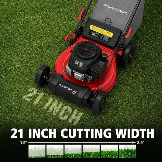 PowerSmart 21" Gas Self-Propelled Lawn Mower for Hills & Medium Yards | 170cc OHV | 3-in-1 Mulching/Bagging/Discharge | 6-Position Height | Alloy Steel Deck | Easy Start | Rear-Wheel Drive
