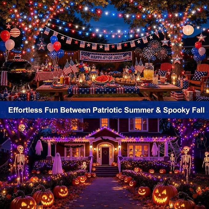 2Pack Solar Halloween String Lights Outdoor, 66ft 200LEDs Purple & Orange String Light with 11 Modes, Waterproof Patriotic Solar Lights for Garden Yard Pathway Fence Party Memorial Day