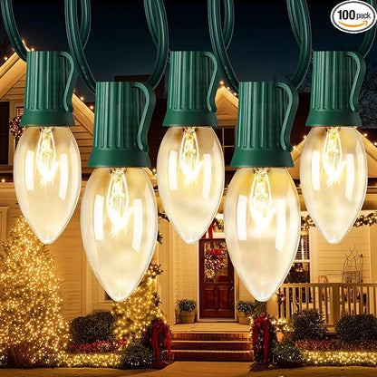 Minetom C9 Clear Christmas String Lights, 100FT Waterproof Christmas Lights | Vintage Outdoor String Lights with 100 Clear Bulbs for Patio Backyard Roofline Garden Holiday Indoor Home Decor, Green Wire
