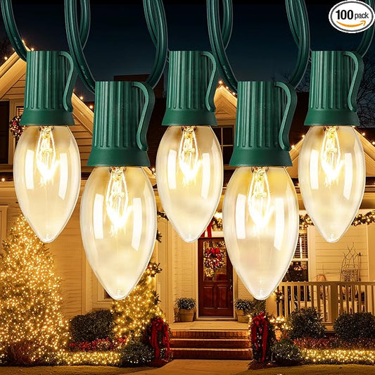 Minetom C9 Clear Christmas String Lights, 100FT Waterproof Christmas Lights | Vintage Outdoor String Lights with 100 Clear Bulbs for Patio Backyard Roofline Garden Holiday Indoor Home Decor, Green Wire