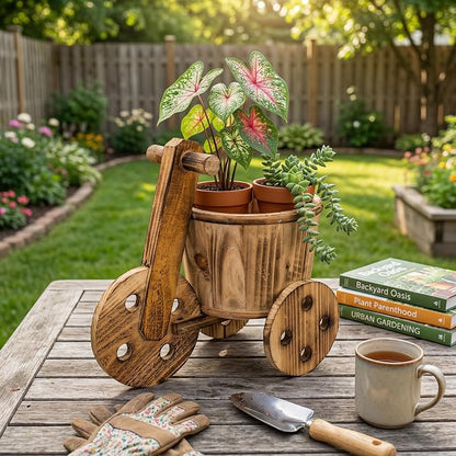 Mini Wooden Wheelbarrow Planter, Rustic Tabletop Succulent Holder, Farmhouse Garden Decor Gift for Patio Porch Balcony Indoor Display, 11.8 x 7.5 x 10.6 in