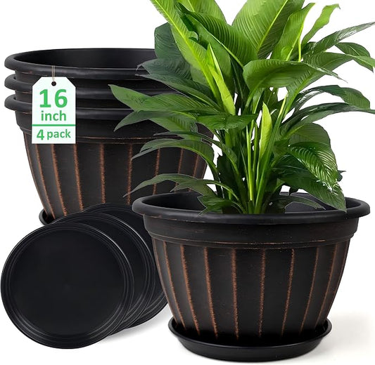FGstyle 4 Pack 16 inch Plant Pots, Retro Vertical Stripe Planters with Drainage Holes and Saucer, Sturdy Plastic Garden Flower Pots for Indoor & Outdoor Plants(Black)