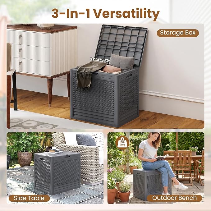 Tangkula 25 Gallon Outdoor Storage Box, Waterproof PP Resin Patio Storage Box with with Lockable Lid for Indoor & Outdoor Use, 2-in-1 Rattan Design Deck Box for Patio Cushions, Garden Tools