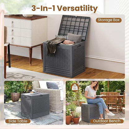 Tangkula 25 Gallon Outdoor Storage Box, Waterproof PP Resin Patio Storage Box with with Lockable Lid for Indoor & Outdoor Use, 2-in-1 Rattan Design Deck Box for Patio Cushions, Garden Tools