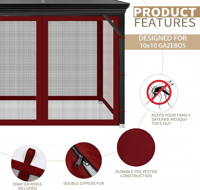 Gazebo Universal Replacement Mosquito Netting, Outdoor Mesh Netting Screen 4-Panel Sidewall with Zipper for Patio, Canopy, Garden and Backyard, Gray(Mosquito Net Only) (Red and Black, 10' x 10')