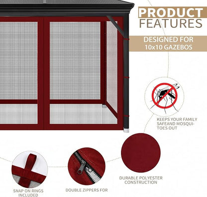 Gazebo Universal Replacement Mosquito Netting, Outdoor Mesh Netting Screen 4-Panel Sidewall with Zipper for Patio, Canopy, Garden and Backyard, Gray(Mosquito Net Only) (Red and Black, 10' x 10')