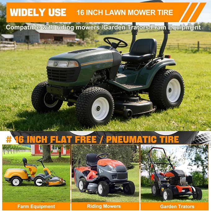 Yesker 16x6.50-8 Flat Free Lawn Mower Tire and Wheel Assembly with 1" Bearing Bore, 16x6.50-8nhs Solid Riding Lawnmower Tires with 3" Center Hub, 2 Pack