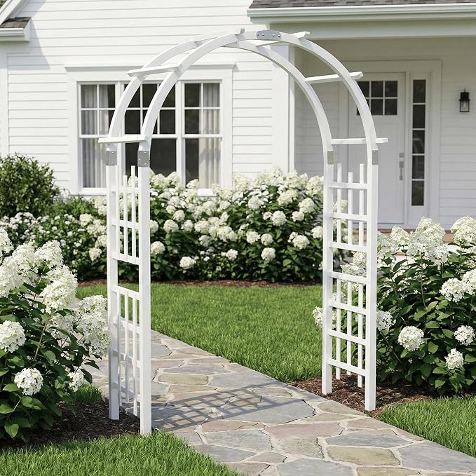 Outvita 7Ft Wooden Garden Arbor Arch, Wood Arbor Trellis, Pergola Archway for Wedding Ceremony Decoration Pergola Plant Climbing Rose Vines Lawn Courtyard Patio White
