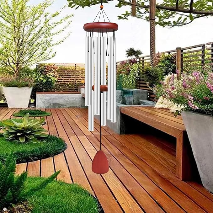 Large Aluminium Wind Chimes Outside, Soothing Melodic Memorial Sympathy Wind Chime, Suitable Outdoor Garden Decor, Gift for Mom Women Neighbors (Silver Wind Chimes-36)