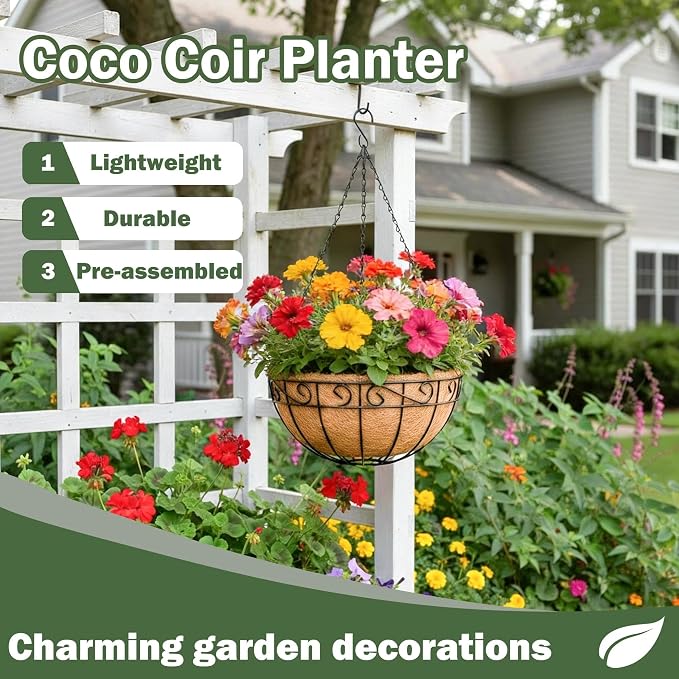 4 Pack 12 Inch Hanging Baskets for Plants Outdoor Metal Hanging Planter Basket with Coco Coir Liner Hanging Flower Baskets Hangings Flower Pots Holder for Garden, Patio(Flower)