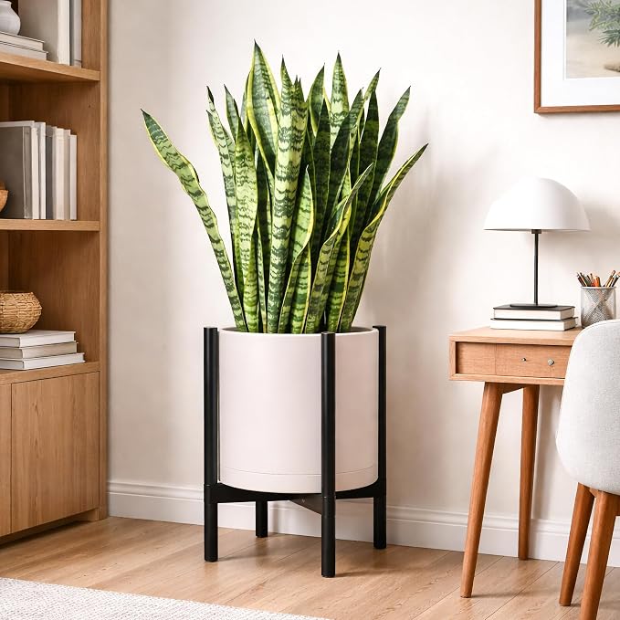 D'vine Dev Plastic Pot with Ebony Wood Stand, Oatmeal, 16 in, 55-C-Z-4 | Mid-Century Inspired Design, Elevated Plant Display, Clean Lines, Sturdy Support, Modern Space-Saving Style
