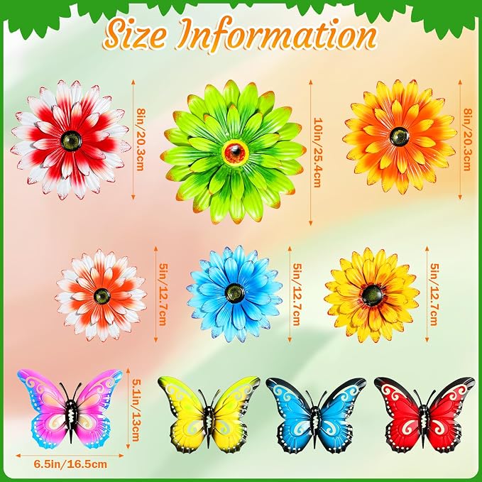 Gisafai 10 Pack Metal Flower Wall Decor Outdoor, 3D Daisy and Butterfly Metal Garden Wall Art, Colorful Fence Decorations for Patio Backyard Balcony Porch, Summer Housewarming Gift(Vintage)