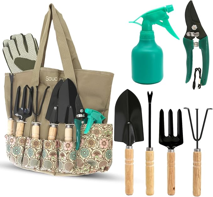 Scuddles 8-Piece Garden Tool Set with Bag, Stainless Steel Tools, Wooden Handles and Soft Poly-Cotton Gloves for Planting, Pruning and Home Gardening