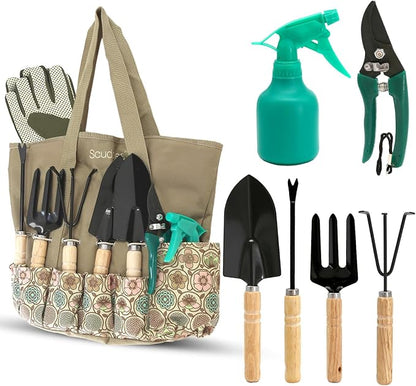 Scuddles 8-Piece Garden Tool Set with Bag, Stainless Steel Tools, Wooden Handles and Soft Poly-Cotton Gloves for Planting, Pruning and Home Gardening