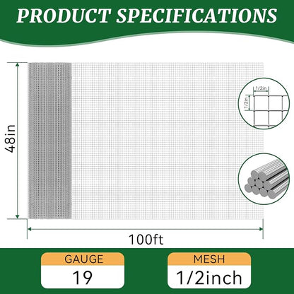 48in x 100ft 19 Gauge Hardware Cloth 1/2 Inch Mesh Roll - Galvanized Chicken Wire Fencing for Garden Fence, Poultry Netting, Gopher Barrier, Animal Cage Screen, Chicken Wire Craft Projects