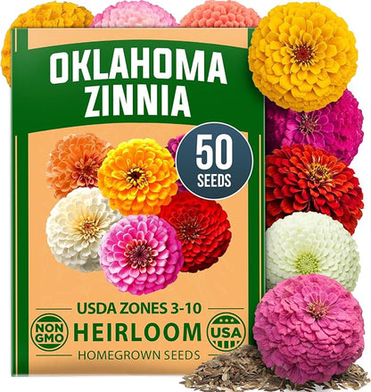 HOME GROWN Oklahoma Zinnia Seeds for Planting Outdoors 50 Heirloom Non-GMO Seeds (0.5g), Annual Cut Flower Mix, Pink & Mixed Colors, Bouquets & Borders, Spring 2026, Zones 3–10 (Zinnia elegans)