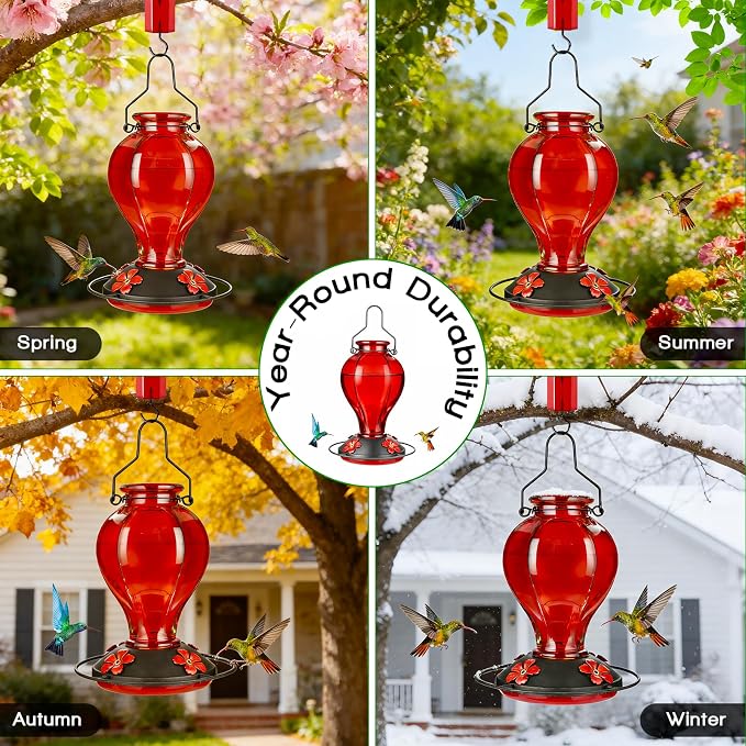 Glass Hummingbird Feeders for Outdoors Hanging, 24oz Wild Bird Nectar Feeder with Ant Moat and 360° Perch, Bee-Resistant Ports,Outside Garden Decor,Colorful Gifts for Women Mom, 1 Pack, Red
