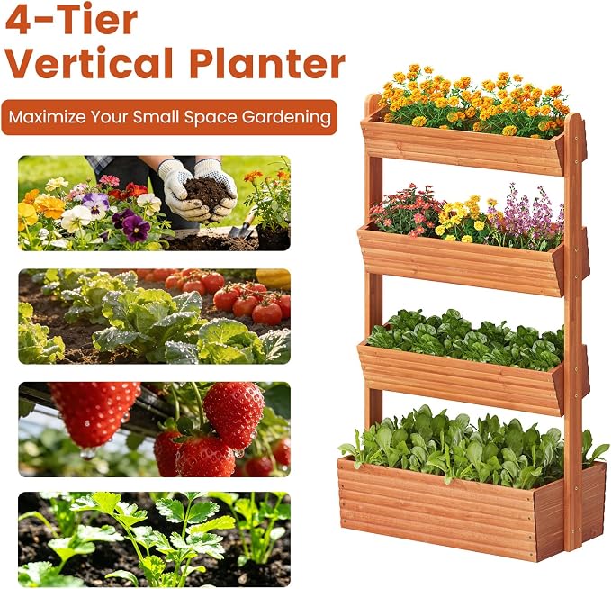 GHWIE Wooden Garden Planter Box, Raised Bed with Vertical Plant Rack, Indoor Outdoor Flower Herb Vegetable Stand (Reddish-Brown, 4 Tier)