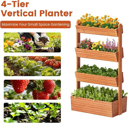 GHWIE Wooden Garden Planter Box, Raised Bed with Vertical Plant Rack, Indoor Outdoor Flower Herb Vegetable Stand (Reddish-Brown, 4 Tier)