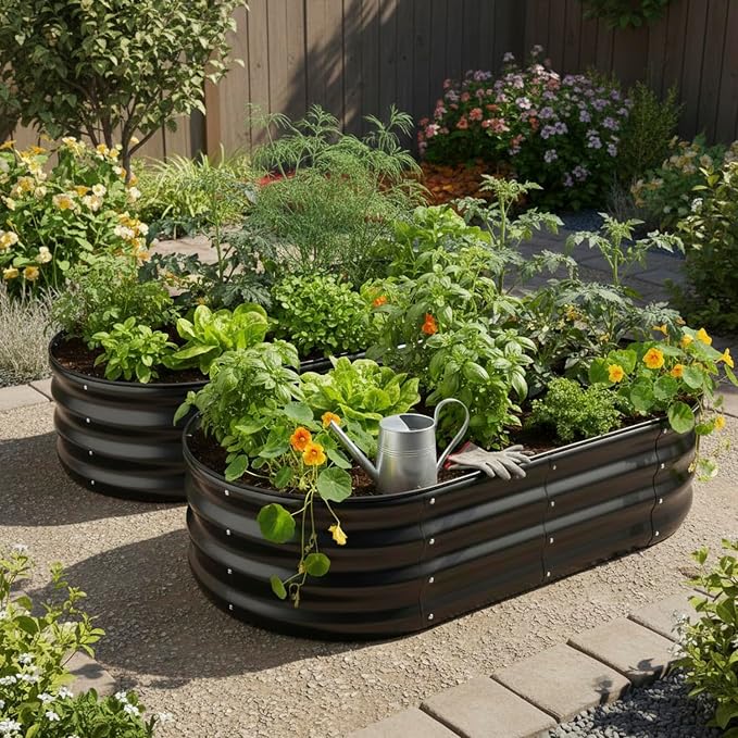 Raised Garden Bed, Metal Planter Box, Oval Shape, Outdoor Planting, Flower Herb Vegetable Planter (2 PCS of 4×2×1 ft, Dark Grey Oval)