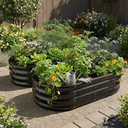 Raised Garden Bed, Metal Planter Box, Oval Shape, Outdoor Planting, Flower Herb Vegetable Planter (2 PCS of 4×2×1 ft, Dark Grey Oval)