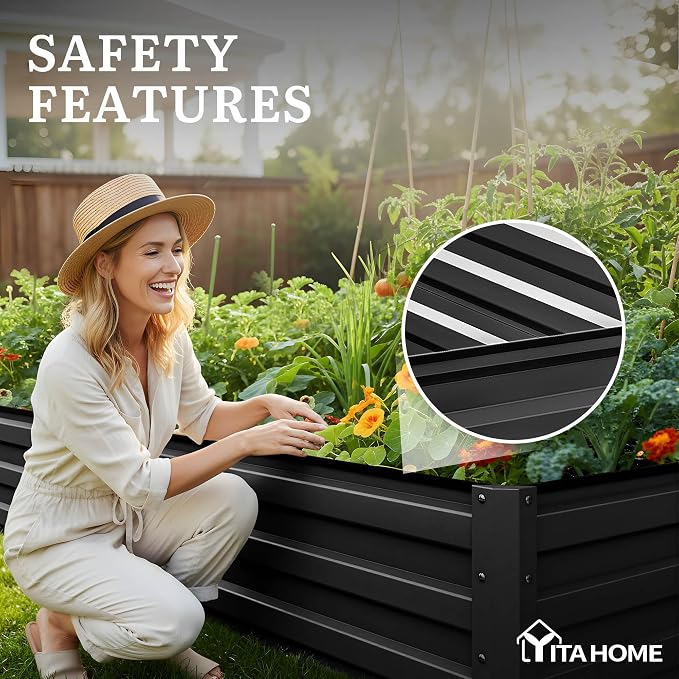 YITAHOME 2pcs 8x4x1ft Galvanized Raised Garden Bed, Metal Planter Box with Safety Rubber, Gloves, Outdoor Flower Bed for Planting Plants Vegetables, Black