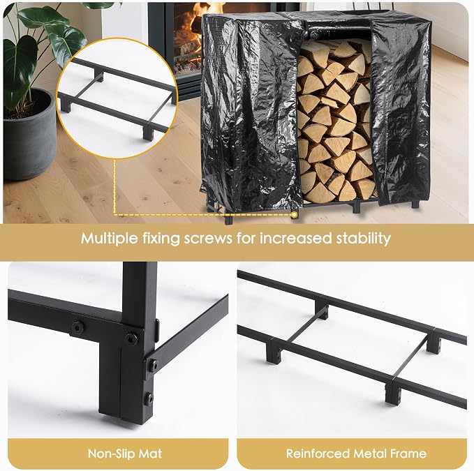 facka 48inch Firewood Rack Outdoor with Cover, Metal Wood Rack | Iron Fire Log Stacker Holder for Fireplace, Patio, Porch, Yard, Garden, Indoor Outdoor Wood Storage