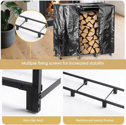 facka 48inch Firewood Rack Outdoor with Cover, Metal Wood Rack | Iron Fire Log Stacker Holder for Fireplace, Patio, Porch, Yard, Garden, Indoor Outdoor Wood Storage