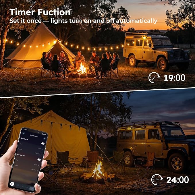 GvvooHome 50FT S11 LED Outdoor String Lights with App & Remote, Low-Voltage Patio Lights with Music Sync, 4 Lighting Modes, Dimmable, Waterproof LED Outdoor Lights for Porch, Deck, Garden, Backyard