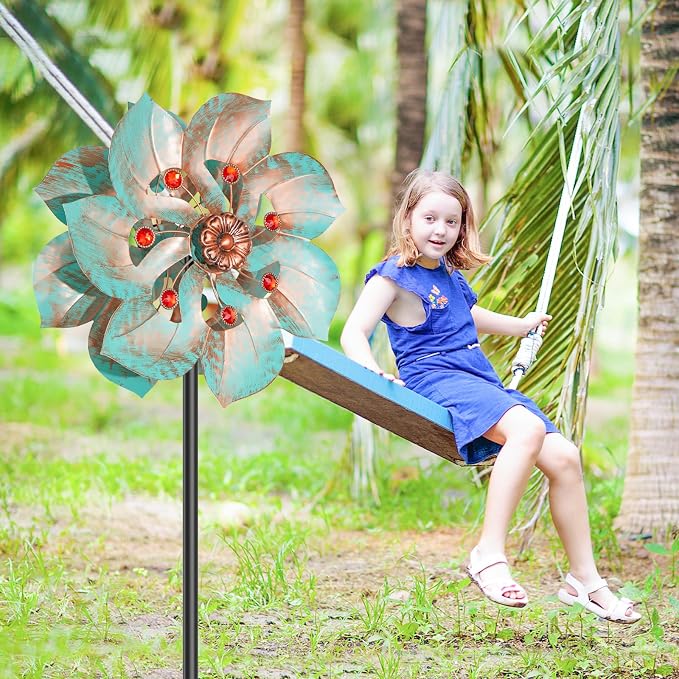 Wind Spinners Outdoor, Retro Green 2‑Blade Kinetic Wind Sculpture with Red Gems, Dual‑Direction Windmill with 5‑Prong Base, Height Adjustable Yard Art for Lawn Patio Garden, 12.6" W x 63" H