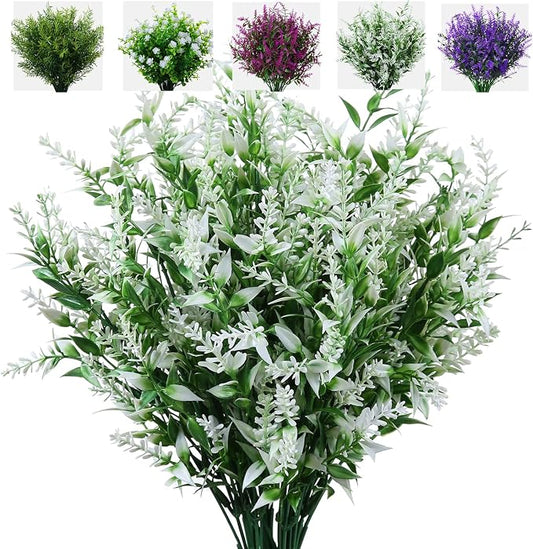 XLFAQXM 8 Pack Artificial Plants Flowers Grass Shrubs No Fade Faux Plastic Flowers Outdoor for Vases Farmhouse Garden Porch Patio Office Indoor Wedding Decoration Greenery Fake Plants (5#White)