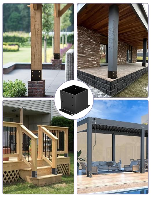 4 PCS Metal 6×6 Post Base, Inner Size 5.6"x5.6" | Heavy Duty Post Bracket, Anti-Corrosive Partition, Powder-Coated, For Pavilion Deck Railing Support
