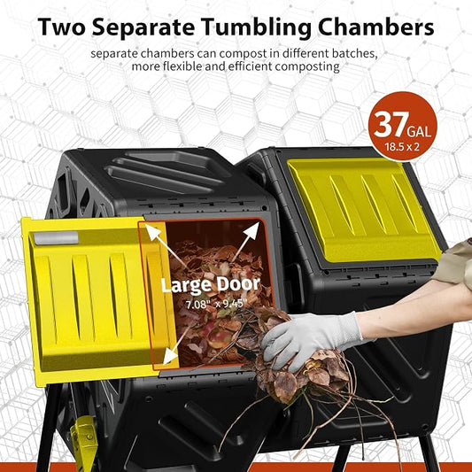Compost Bin, 37-Gal Dual Chamber Composter Tumbler, Black Yellow | Steel Frame with 2 Sliding Door and Aeration System, 360° Rotating, Tumbling Composting Bin for Kitchen, Garden, Yard