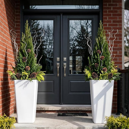 KOL Planters for Outdoor Plants, 28 Inch Tall White Flower Pots 2 Pack, Large Plastic Plant Pots with Drainage Hole and Dual-Purpose Tray, Decorative Indoor Planter for Front Porch Patio Garden