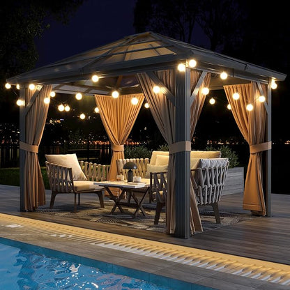 GAOMON 10'x12' Hardtop Gazebo, Outdoor Polycarbonate Double Roof Canopy, Aluminum Frame Permanent Pavilion with Curtains and Netting, Sunshade for Garden, Patio, Lawns (10x12ft), Brown
