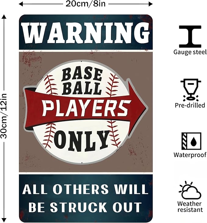 (Warning Baseball Players Only) Funny Signs Boy Baseball Wall Decor-Baseball Posters Decor for Boys Room,Gifts for Boys Who Love Baseball 8x12 Inches