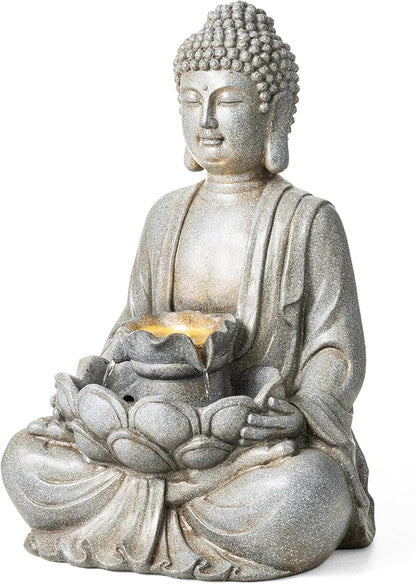 Glitzhome Buddha Outdoor Water Fountain with Lights and Pump, 28.25" H Zen Style Outdoor Fountain Concrete Meditating Buddha Statue Polyresin Garden Fountain Waterfall for Patio, Porch, or Yard Decor