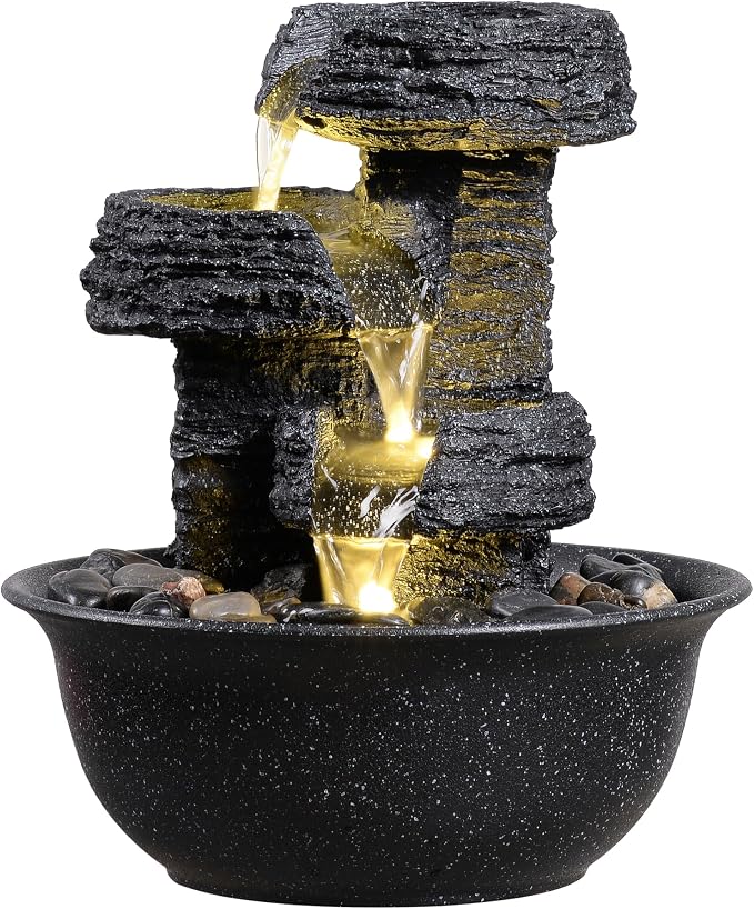 Rock Style Tabletop Fountain with LED Light – Indoor Waterfall Feature for Home or Office Décor, Relaxing Zen Desktop Water Fountain