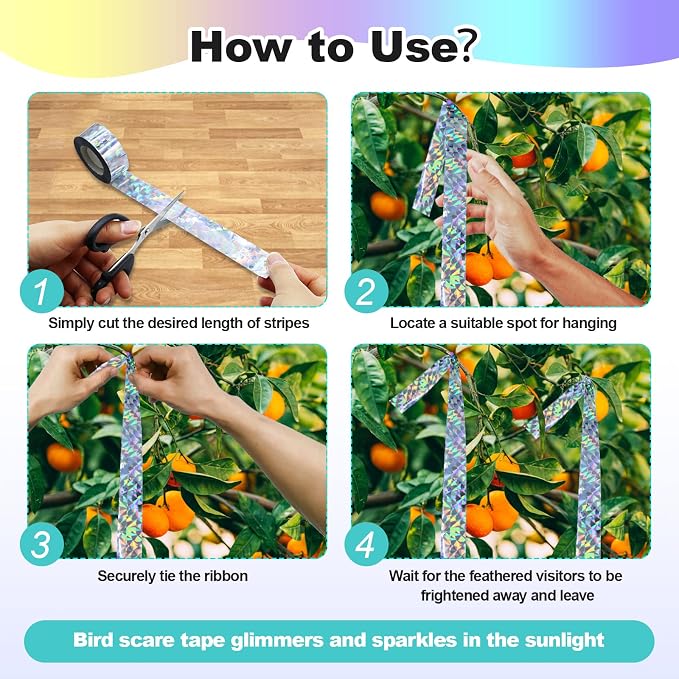 Bird Scare Tape Ribbon(524FT) - Reflective Tape for Birds - Keep Birds Away Outdoor - Scare Tape for Bird Control - Double Side Ribbon, Scare Geese, Pigeon, Duck, Woodpecke- Yard Decoration