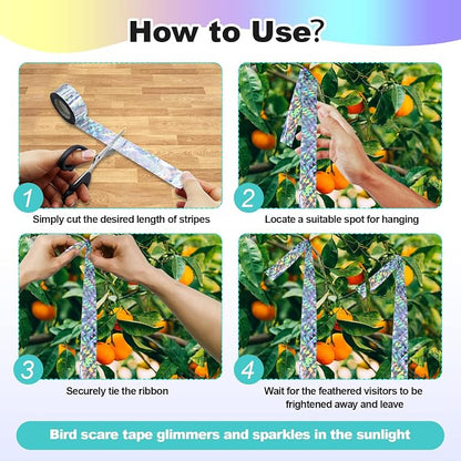 Bird Scare Tape Ribbon(524FT) - Reflective Tape for Birds - Keep Birds Away Outdoor - Scare Tape for Bird Control - Double Side Ribbon, Scare Geese, Pigeon, Duck, Woodpecke- Yard Decoration