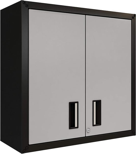 Floating Garage Storage Cabinet - Heavy-Duty Wall Mount Steel Cabinet, Lockable 2-Door Design, Removable Shelf, 44 lbs Capacity, Ready-to-Assemble Metal Garage Organizer (Black and Grey)