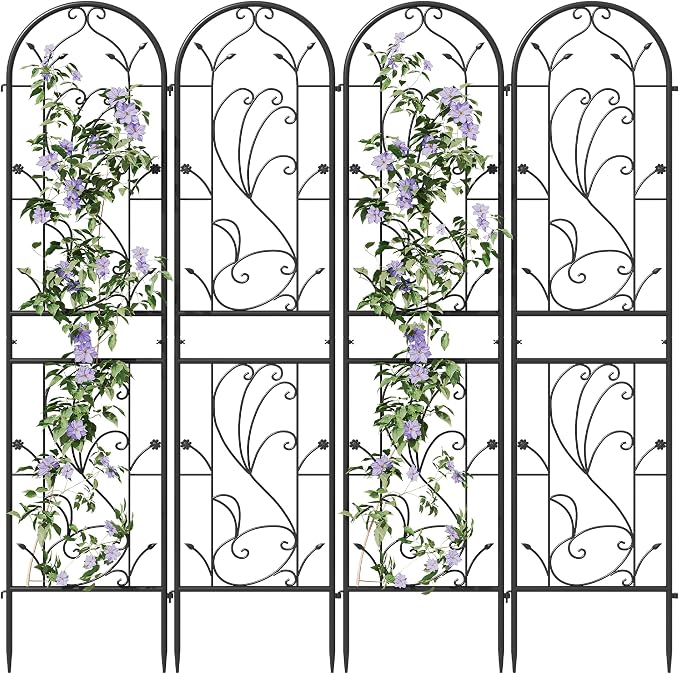 4-Pack 87" x 20" Sunflower Scroll Arch Black Metal Garden Trellises | Set of 4 rust-resistant trellises with floral scrollwork, arched tops, stakes, and support for roses, vines, or vegetables