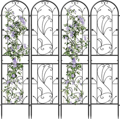 4-Pack 87" x 20" Sunflower Scroll Arch Black Metal Garden Trellises | Set of 4 rust-resistant trellises with floral scrollwork, arched tops, stakes, and support for roses, vines, or vegetables
