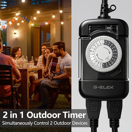 G-ELEK Outdoor Mechanical Timer Plug Waterproof, 24 Hour Daily Cycle, 30 Minute, 3 Prong Grounded 2 Outlets, Heavy Duty Programmable Socket for Christmas Patio Yard Pool Pump, ETL Listed