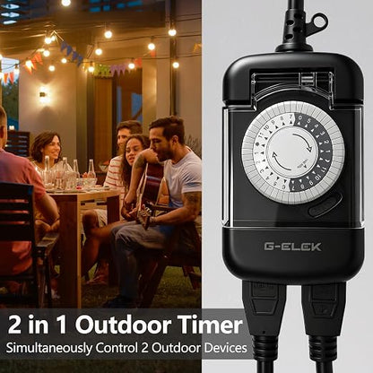 G-ELEK Outdoor Mechanical Timer Plug Waterproof, 24 Hour Daily Cycle, 30 Minute, 3 Prong Grounded 2 Outlets, Heavy Duty Programmable Socket for Christmas Patio Yard Pool Pump, ETL Listed