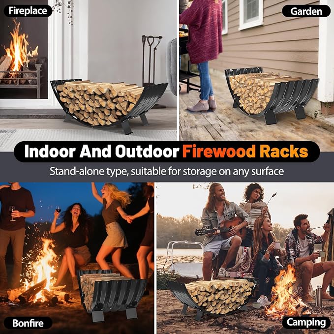 Metal Firewood Rack Outdoor By Fire Pit/Steel Logs Storage Indoor Beside Fireplace-with Metal Legs,Rustproof,Durable & Stylish Firewood Holder (Sector, 40 Inches Diameter)