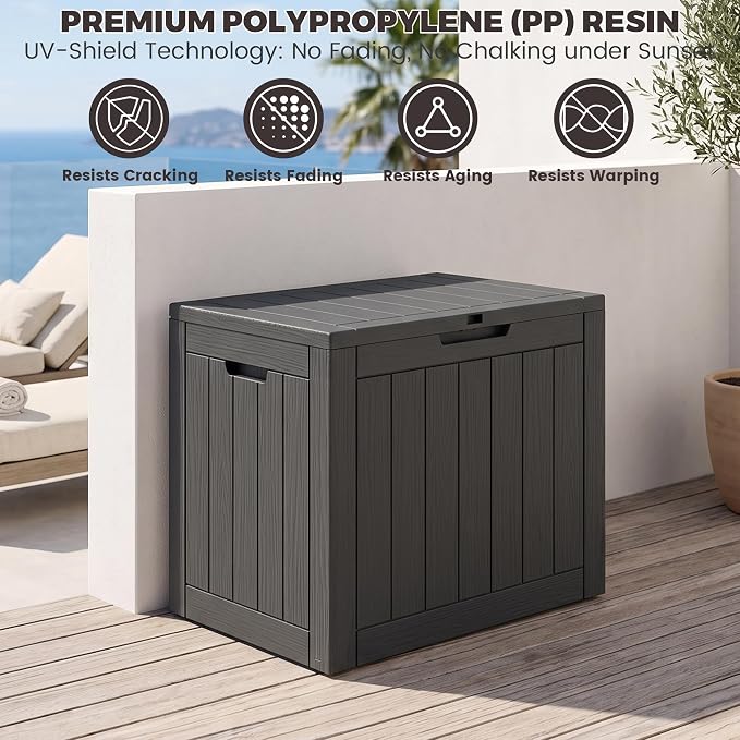 Outdoor Storage Box, 35 Gallon Waterproof Deck Box [Upgraded 3.1], Tool-Free Resin Storage for Patio Cushions, Balcony Pool Toys, Lockable Outside Side Table Ottoman, Balcony, Black