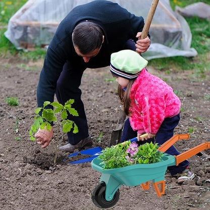 Qtioucp Kids Gardening Set with Wheelbarrow, Real Metal Garden Tools for Kids Ages 3-8, 4 Long Handle Tools, 3 Hand Tool, Gloves, 5 Stickers, Handbook, Outdoor Backyard Toys for Toddler Gift