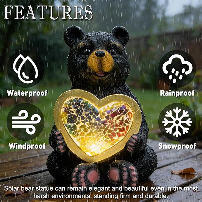 Solar Turtle Garden Statue Lights for Outdoor Decor with Cracked Glass LED Figurine Lighting Resin Succulent Tortoise Decorations Patio Lawn Yard Housewarming Mom Gifts (Black Bear)